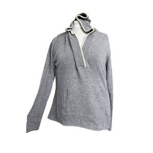 Eddie Bauer Pullover Sweater Women XL BlueHeather Hood KangarooPocket LongSleeve